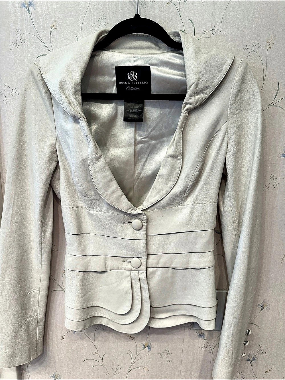 Rock & Republic Leather Peplum Jacket in White Size Small Like New